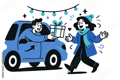 Festive Gift Exchange. Friends exchanging gifts near car. One leaning out with a box, the other laughing with