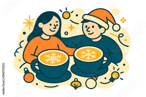 Cozy Snowflake Lattes. Holiday cafe vibes. Two cups with different snowflake latte designs on table, small