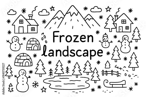 Frozen Wonderland Doodle. Frozen landscape. Hand-drawn doodle illustration of Frozen landscape. Mountains,