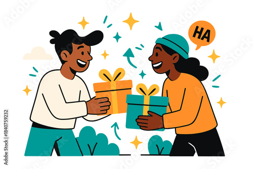 Gift Exchange Delight. Friends exchanging gifts outside. Two friends smiling and handing each other wrapped