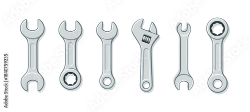 Wrench collection, spanners, tools, flat vector illustration