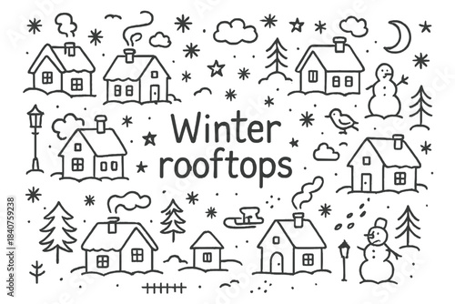 Winter Rooftop Doodles. Winter rooftops. Hand-drawn doodle illustration of Winter rooftops. Houses, chimneys,