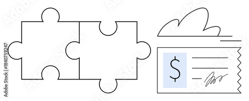 Finance solutions, cloud integration, business strategy, digital innovation, teamwork, problem-solving. Two puzzle pieces and a cloud-topped financial document. Finance solutions and cloud