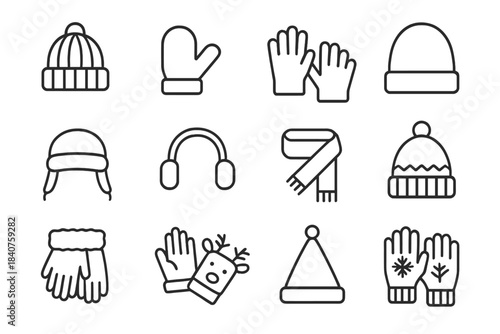 Winter Wear Icons. Winter wear. Line outline icon set of winter wear: knitted hat, mittens, gloves, beanie,