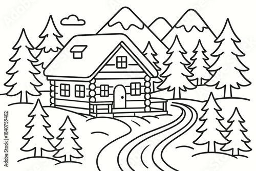 Ski Lodge Coloring Page. Mountain ski lodge children?s coloring book illustration, outlined drawing, peaceful