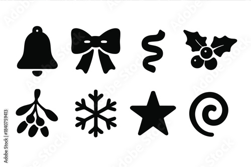 Festive Icon Collection. Festive Accents. Filled icon set of Festive Accents: bell, bow, ribbon curl, holly