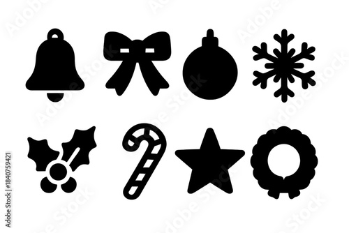 Winter Ornament Icons. Winter Ornaments. Filled icon set of Winter Ornaments: bell, ribbon, ornament,