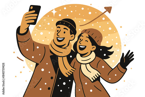 Sunset Snow Selfie. Couple taking a selfie in snowfall at sunset. Warm golden glow behind them, snow catching