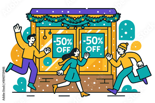 Festive Storefront Sale. Storefront with Christmas lights and discount signs. Brightly lit shop window