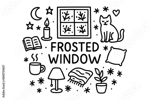 Cozy Frosted Window Scene. Frosted Window. Hand-drawn doodle illustration of Frosted Window. Window with frost