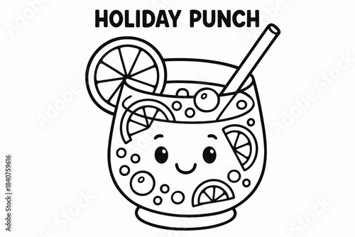 Coloring Book Punch. Holiday punch children?s coloring book illustration, outlined drawing, cheerful glass