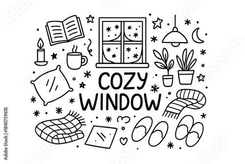 Cozy Window Doodle Icons. Cozy Window. Hand-drawn doodle illustration of Cozy Window. Frosted window, open