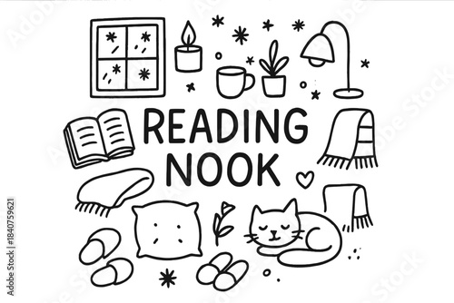 Cozy Reading Nook Illustration. Reading Nook. Hand-drawn doodle illustration of Reading Nook. Open book,
