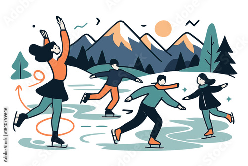 Winter Skating Panorama. Frozen lake with skaters and mountains. Distant peaks glowing under sunlight, tiny