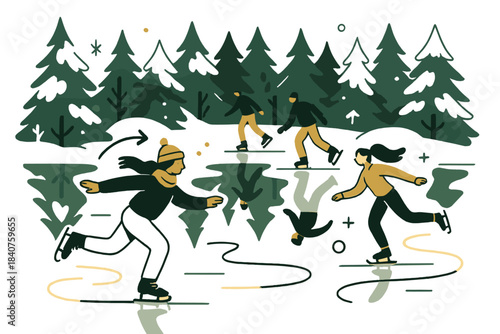 Skaters on Frozen Lake. Frozen lake with skaters and snow-covered trees. Forest reflections melting into the