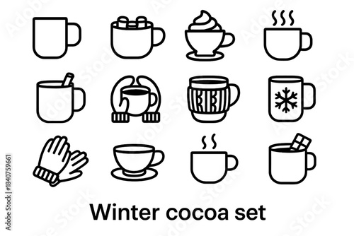 Winter Cocoa Icons. Winter cocoa. Line outline icon set of winter cocoa: hot cocoa mug, cocoa with