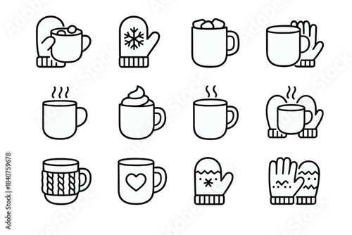 Winter Icon Set. Mittens and mugs. Line outline icon set of mittens and mugs: mittens holding cocoa, mittens
