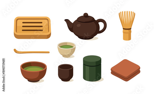 Tea ceremony elements. Tea illustrations. Flat tea icons