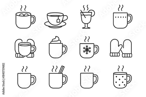 Winter Drink Icons. Winter beverages. Line outline icon set of winter beverages: cocoa mug, tea cup, mulled