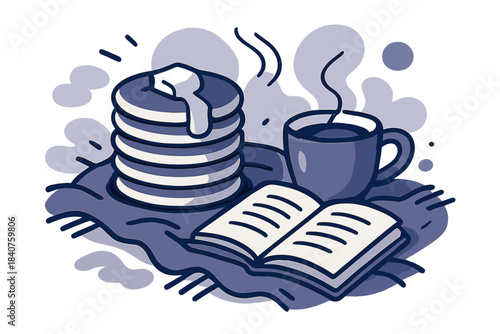 Cozy Morning Scene. Sweet morning light. Pancake stack with butter melting, cocoa cup steaming beside open