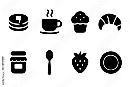 Morning Treats Icons. Morning Treats. Filled icon set of Morning Treats: pancakes, cocoa cup, muffin,