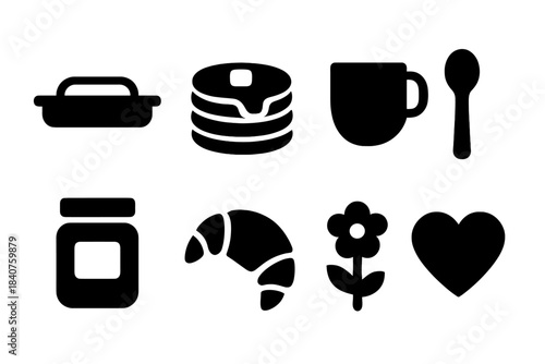 Bedtime Brunch Icons. Bedtime Brunch. Filled icon set of Bedtime Brunch: tray, pancakes, cup, spoon, jam jar,