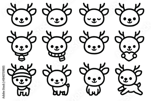 Kawaii Reindeer Icons. Kawaii reindeer. Line outline icon set of kawaii reindeer: smiling reindeer, winking