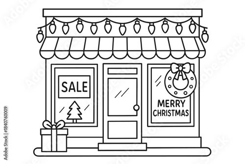 Cheerful Shopfront Coloring. Storefront with Christmas lights children?s coloring book illustration, outlined
