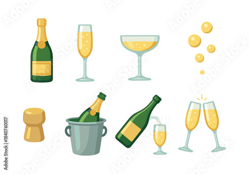 Champagne celebration set, glasses and bottles, flat vector illustration