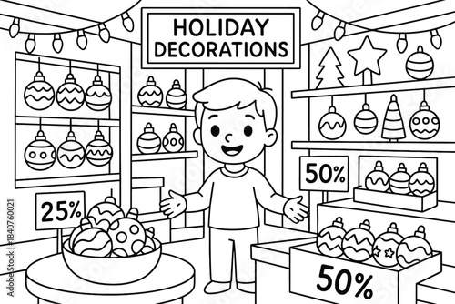 Holiday Store Coloring Page. Holiday decorations shop children?s coloring book illustration, outlined drawing,