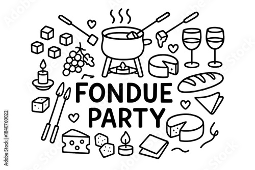 Fondue Party Doodles. Fondue Party. Hand-drawn doodle illustration of Fondue Party. Fondue pot, forks, cheese