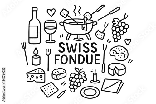 Swiss Fondue Doodle. Swiss Fondue. Hand-drawn doodle illustration of Swiss Fondue. Fondue pot, cheese, bread,