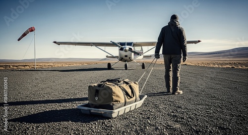 Traveler with bag pulls cargo plane on a gravel airstrip at dawn
