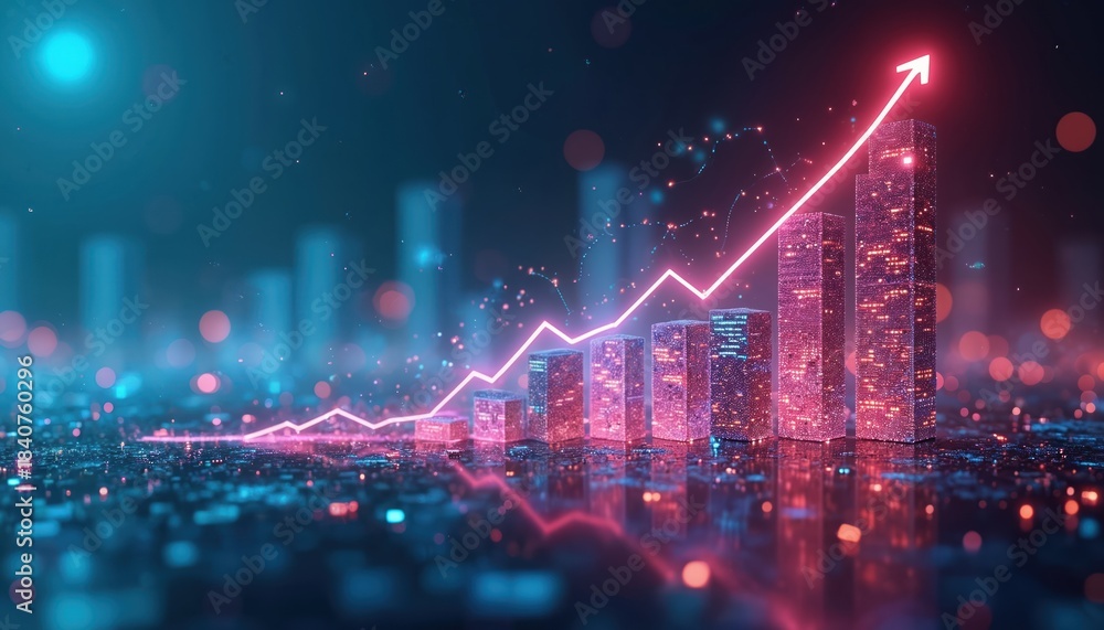 Naklejka premium Digital abstract graph shows upward trend with glowing bars representing city buildings. Futuristic line chart indicates economic growth and success.