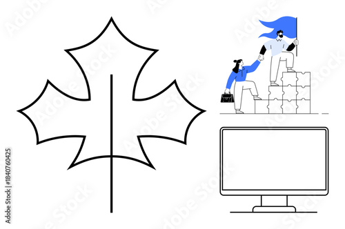 Environmental awareness, teamwork, technology, leadership, collaboration, sustainability. Abstract leaf outline, two people supporting teamwork computer monitor symbol. Environmental awareness