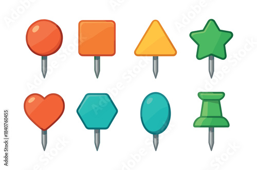 Pushpin variety set, colorful shapes, office supplies, flat vector illustration