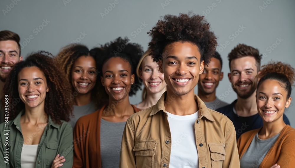 Fototapeta premium Diverse group of smiling people standing together in studio. Men and women of various ethnicities express happiness and camaraderie. Represents unity teamwork diversity inclusion.