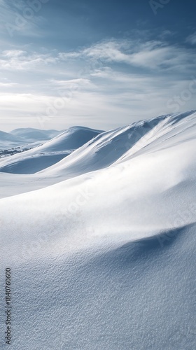 Majestic snow covered rolling hills stretch beneath a bright blue sky with wispy white clouds