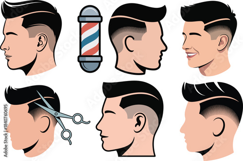 Fade haircut men with barber pole and scissors various styles set