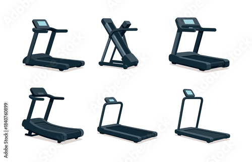 Treadmill collection, gym equipment and fitness machines, flat vector illustration