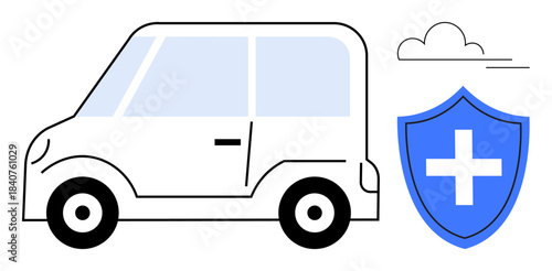 Auto insurance, vehicle safety, accident coverage, transportation security, road safety, insurance protection. Minimalistic car and shield with cross symbol. Auto insurance and vehicle safety concept