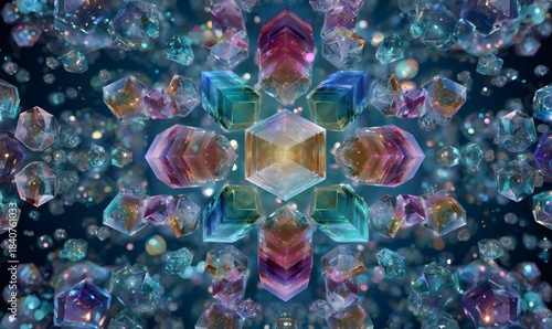 Iridescent crystals forming a symmetrical kaleidoscopic pattern, reflecting colorful light and creating a festive, abstract background