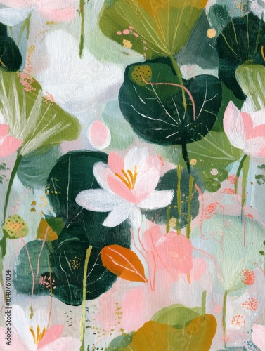 Lotus Blossoms: Elegant pink and white lotus flowers and green lily pads artfully arranged, the tranquil beauty of nature’s artistry.