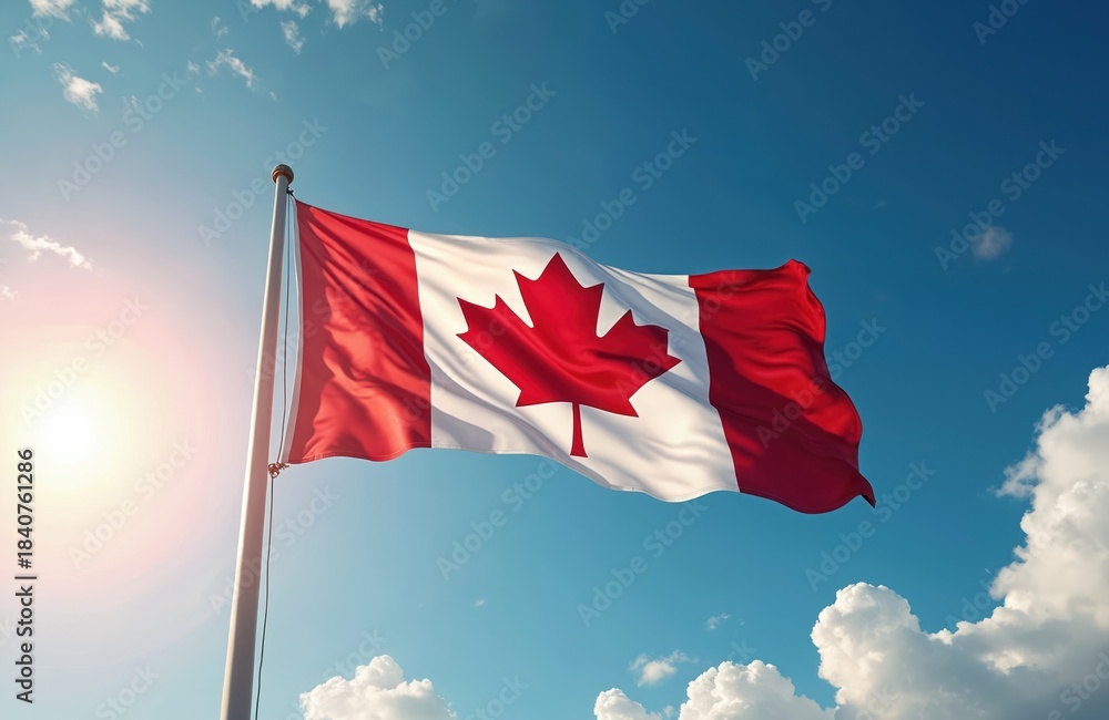 Naklejka premium Canadian flag with red maple leaf waves on pole against bright blue sky and sun. White clouds drift in background. Symbol of countrys identity and pride.