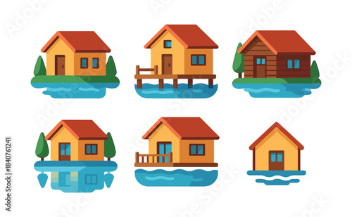 Cozy house designs, lakeside cabins and waterfront homes, flat vector illustration