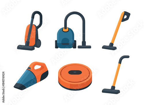 Vacuum cleaner set, flat vector illustration, home appliances, cleaning tools