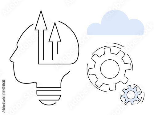 Innovation, creativity, technology, process optimization, cloud computing, brainstorm. Outline of a human head with arrows, gears and a cloud. Innovation and creativity concepts
