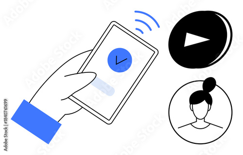 Security, user verification, digital identity, media access, authentication, personal data. Hand holding smartphone with checkmark, user profile icon and play button. Security and user verification