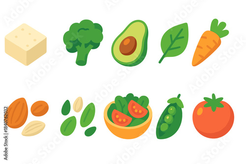 Healthy food flat icon set. Vegan, vegetarian, fresh produce flat icon collection