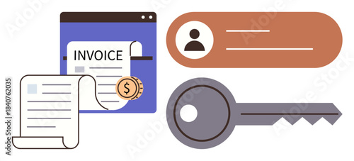 Invoice document, financial coin, user profile ID bar, and a key depict secure access, user authentication, and payment processing. Ideal for finance, security, accounting e-commerce digital